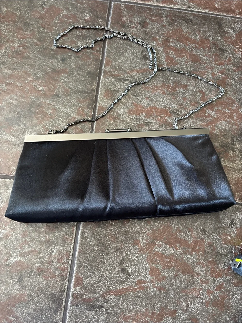 Jessica McClintock Black Satin Pleated Frame Clutch with Chain
